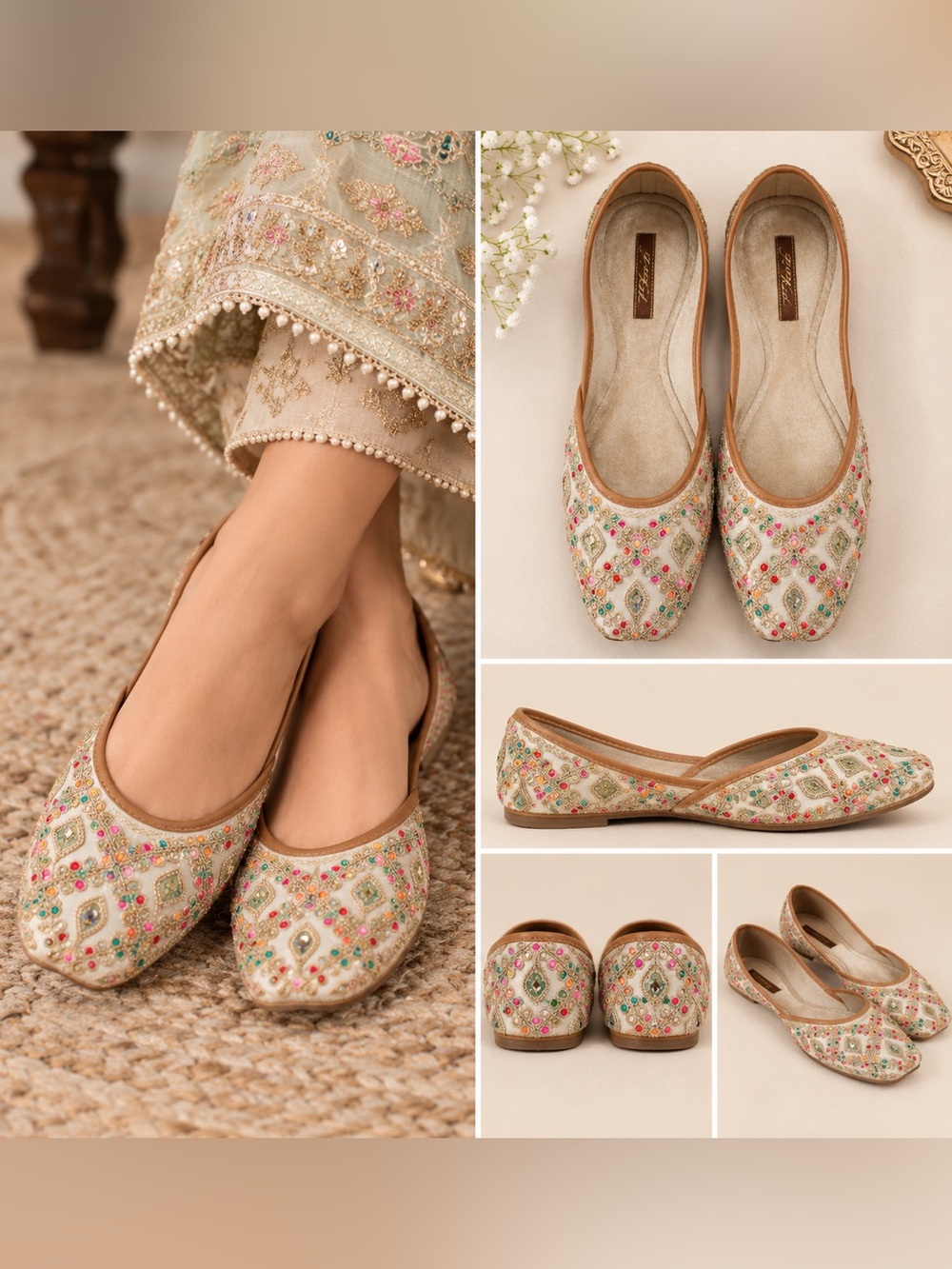 Beige Embroidered Jutti Flats with Multicolor Accents